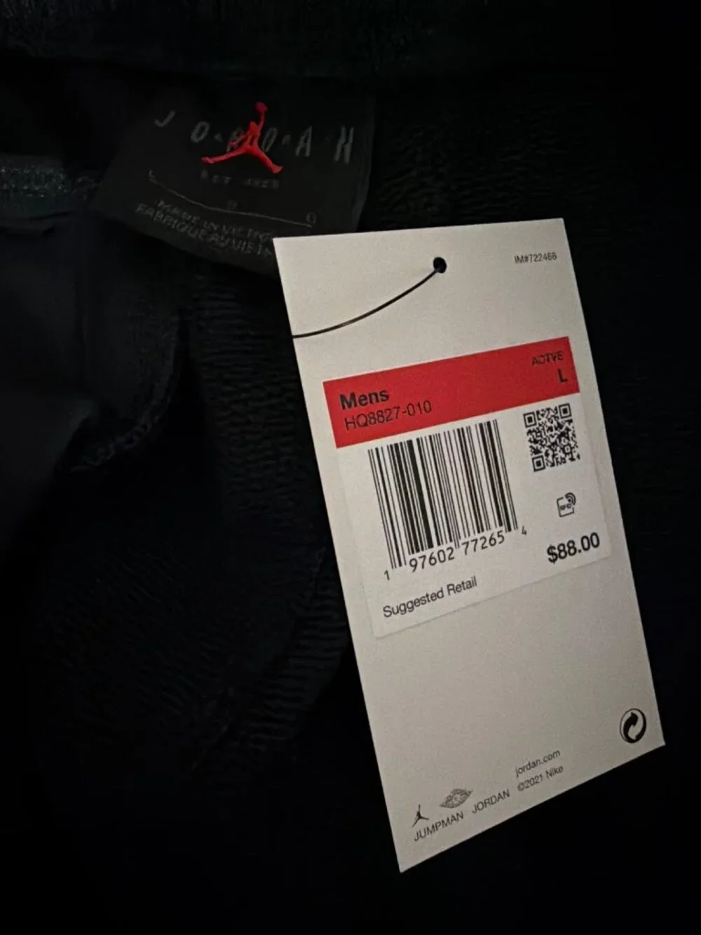 NWT Mens Jordan Black Joggers With Textured Panels & Elastic Cuffs Size L